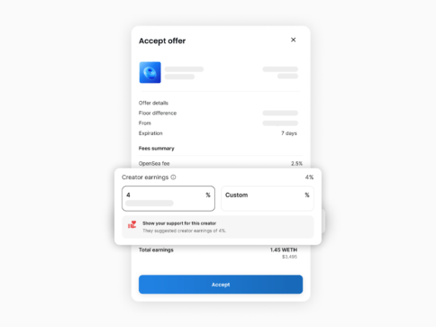 Offer acceptance screen with updated design highlighting creator fee