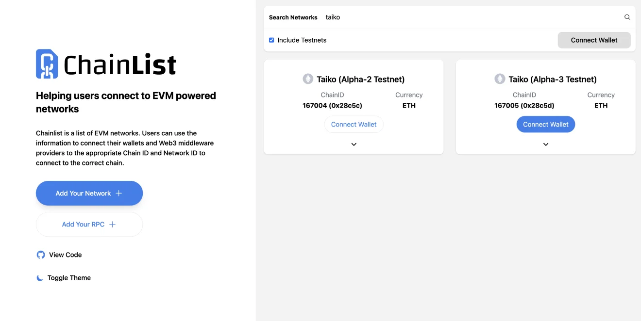 How to Add Taiko to MetaMask with chainlist