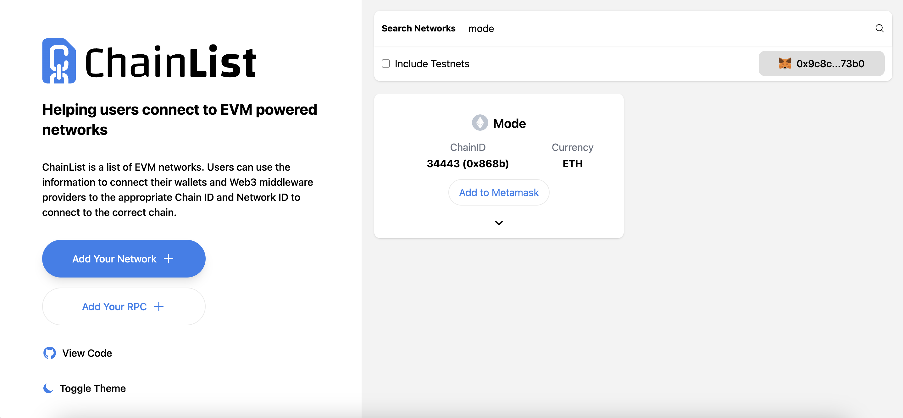 Mode network Chainlist